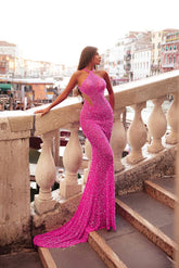 Halter Neck Sequined Prom Dress Backless Mermaid Formal Dress